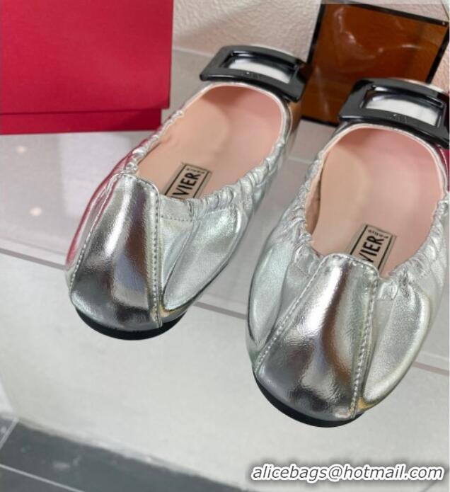 Trendy Design Roger Vivier Viv' Pockette Lacquered Buckle Ballerinas in Nappa Leather Silver 728042