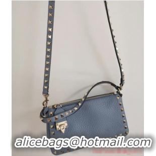 Super Quality VALENTINO Rockstud small grain calfskin messenger bag YS097 sky blue