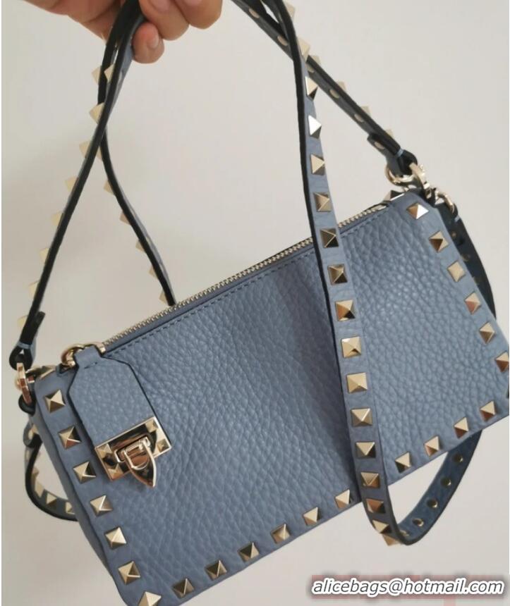 Super Quality VALENTINO Rockstud small grain calfskin messenger bag YS097 sky blue