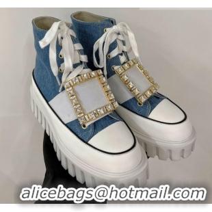 Most Popular Roger Vivier Viv' Go-Thick Strass Buckle Hi-Top Sneakers in Canvas Denim Blue 238336