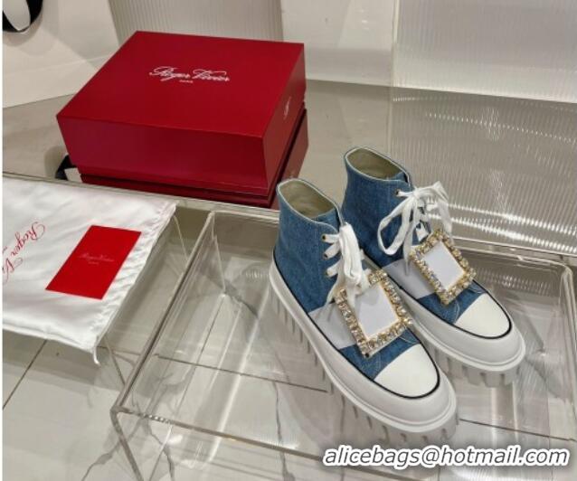 Most Popular Roger Vivier Viv' Go-Thick Strass Buckle Hi-Top Sneakers in Canvas Denim Blue 238336