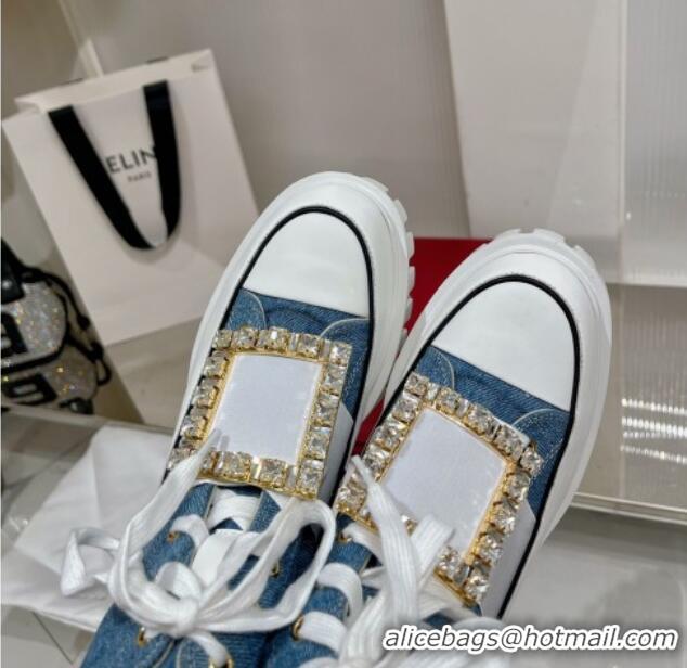 Most Popular Roger Vivier Viv' Go-Thick Strass Buckle Hi-Top Sneakers in Canvas Denim Blue 238336