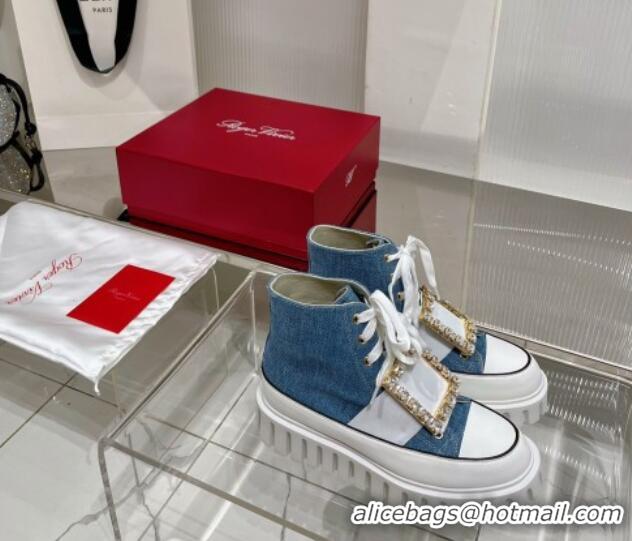 Most Popular Roger Vivier Viv' Go-Thick Strass Buckle Hi-Top Sneakers in Canvas Denim Blue 238336