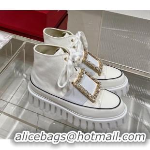 Shop Duplicate Roger Vivier Viv' Go-Thick Strass Buckle Hi-Top Sneakers in Canvas White 238335