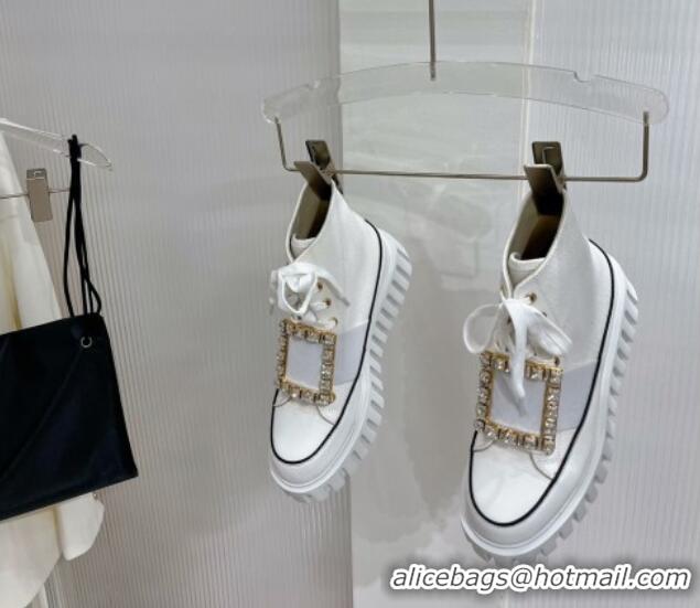 Shop Duplicate Roger Vivier Viv' Go-Thick Strass Buckle Hi-Top Sneakers in Canvas White 238335