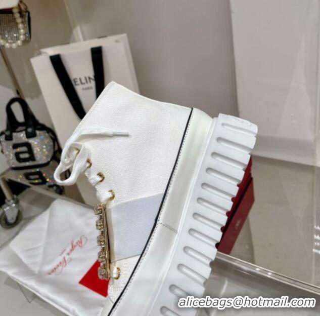 Shop Duplicate Roger Vivier Viv' Go-Thick Strass Buckle Hi-Top Sneakers in Canvas White 238335