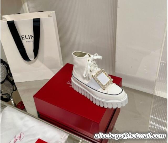 Shop Duplicate Roger Vivier Viv' Go-Thick Strass Buckle Hi-Top Sneakers in Canvas White 238335