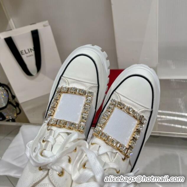 Shop Duplicate Roger Vivier Viv' Go-Thick Strass Buckle Hi-Top Sneakers in Canvas White 238335