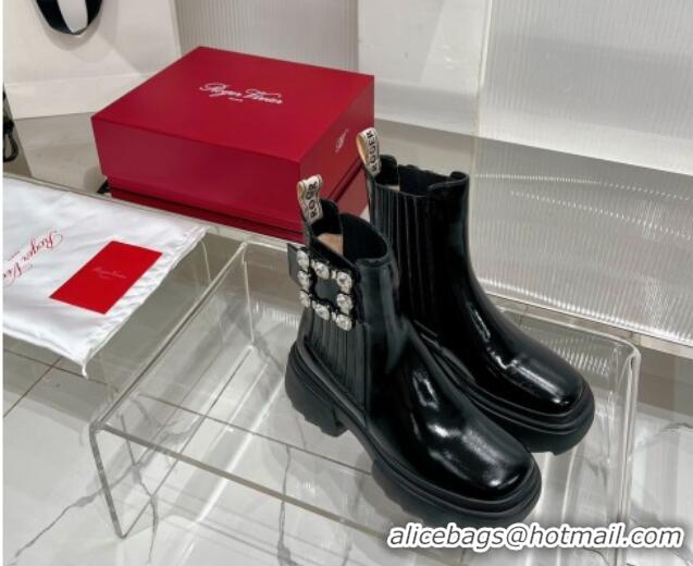 Luxury Discount Roger Vivier Wallaviv Strass Buckle Chelsea Ankle Boots in Patent Leather Black 238333