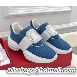 Good Quality Roger Vivier Viv Run Moonlight Crystal Buckle Sneakers in Blue Denim 809049