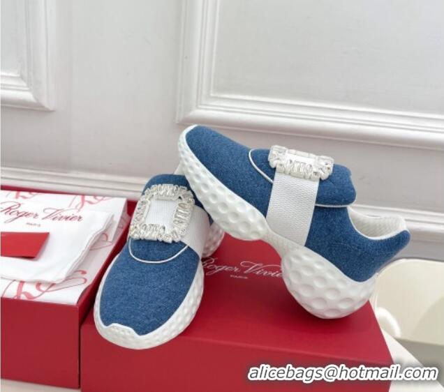 Good Quality Roger Vivier Viv Run Moonlight Crystal Buckle Sneakers in Blue Denim 809049