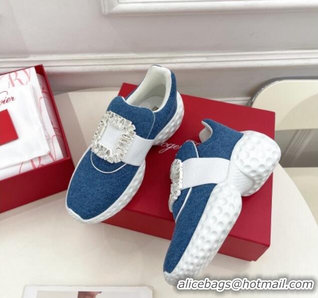 Good Quality Roger Vivier Viv Run Moonlight Crystal Buckle Sneakers in Blue Denim 809049