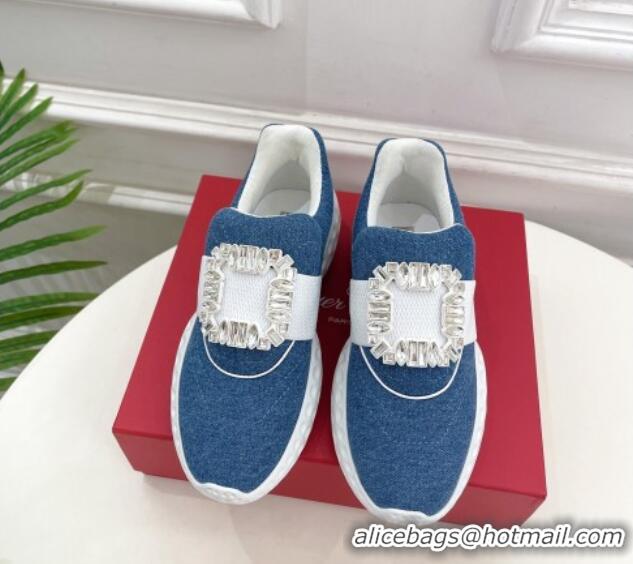 Good Quality Roger Vivier Viv Run Moonlight Crystal Buckle Sneakers in Blue Denim 809049