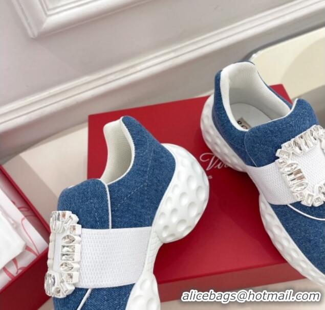 Good Quality Roger Vivier Viv Run Moonlight Crystal Buckle Sneakers in Blue Denim 809049