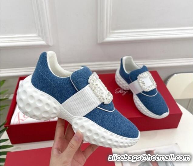 Good Quality Roger Vivier Viv Run Moonlight Crystal Buckle Sneakers in Blue Denim 809049