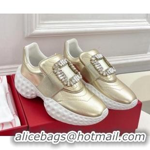 Good Quality Roger Vivier Viv Run Moonlight Crystal Buckle Sneakers in Metallic Leather Gold 809050