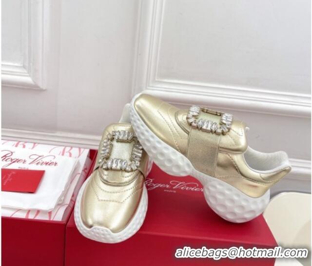 Good Quality Roger Vivier Viv Run Moonlight Crystal Buckle Sneakers in Metallic Leather Gold 809050