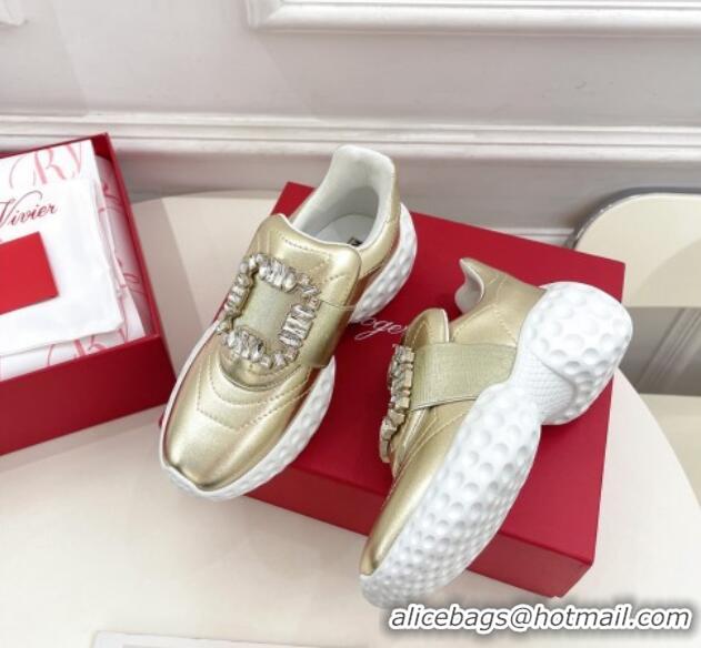 Good Quality Roger Vivier Viv Run Moonlight Crystal Buckle Sneakers in Metallic Leather Gold 809050