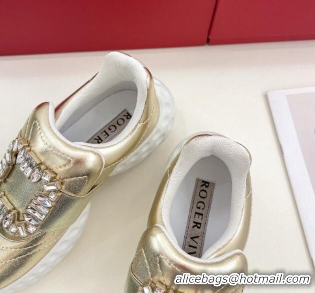 Good Quality Roger Vivier Viv Run Moonlight Crystal Buckle Sneakers in Metallic Leather Gold 809050