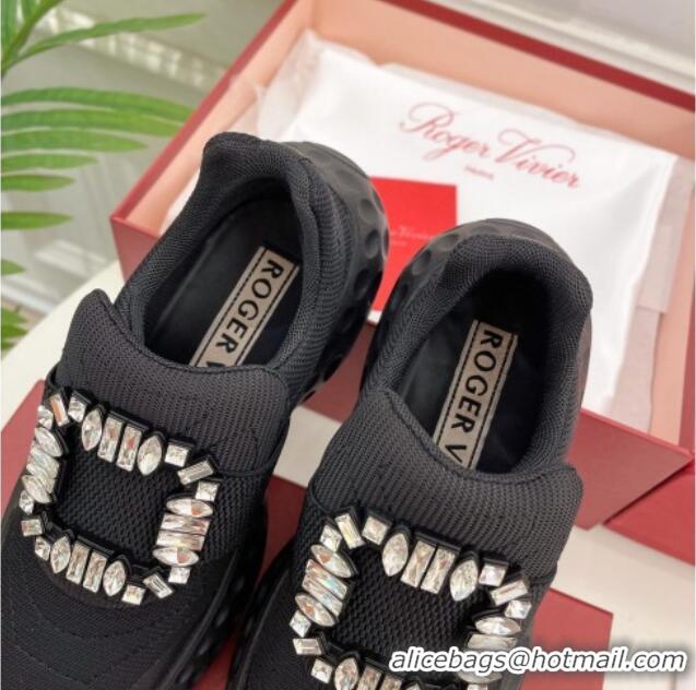 Grade Quality Roger Vivier Viv Run Moonlight Crystal Buckle Sneakers in Fabric Black 809052