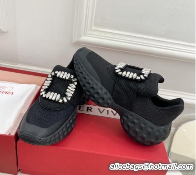 Grade Quality Roger Vivier Viv Run Moonlight Crystal Buckle Sneakers in Fabric Black 809052