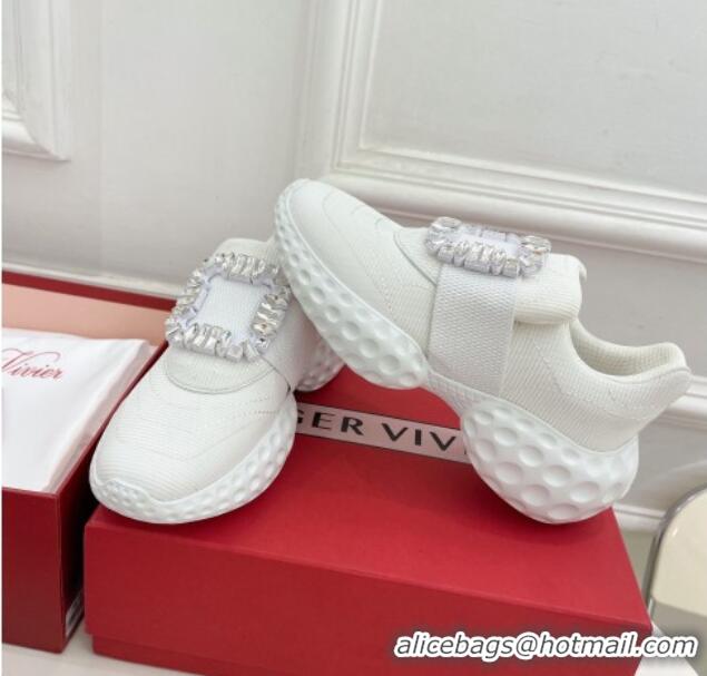 Unique Style Roger Vivier Viv Run Moonlight Crystal Buckle Sneakers in Fabric White 809053