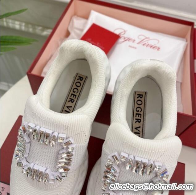 Unique Style Roger Vivier Viv Run Moonlight Crystal Buckle Sneakers in Fabric White 809053