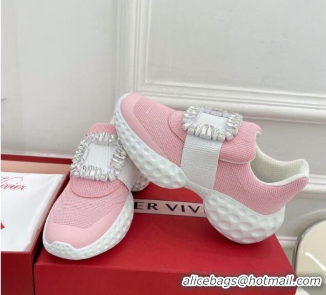 Low Price Roger Vivier Viv Run Moonlight Crystal Buckle Sneakers in Fabric Light Pink 809055