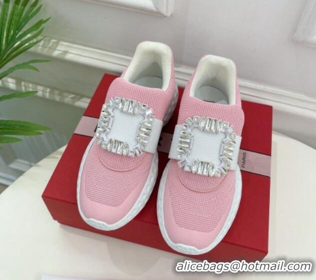 Low Price Roger Vivier Viv Run Moonlight Crystal Buckle Sneakers in Fabric Light Pink 809055