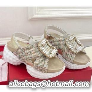 Lowest Price Roger Vivier Viv' Run Light Strass Buckle Sandals in Fabric Beige 809060