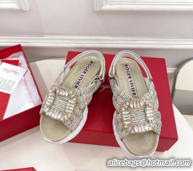 Lowest Price Roger Vivier Viv' Run Light Strass Buckle Sandals in Fabric Beige 809060