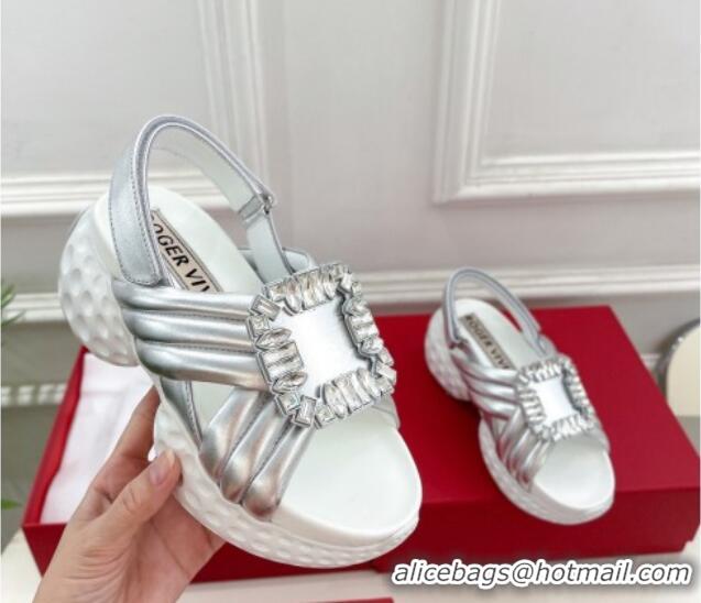 Hot Style Roger Vivier Viv' Run Light Strass Buckle Sandals Metallic Leater Silver 809061