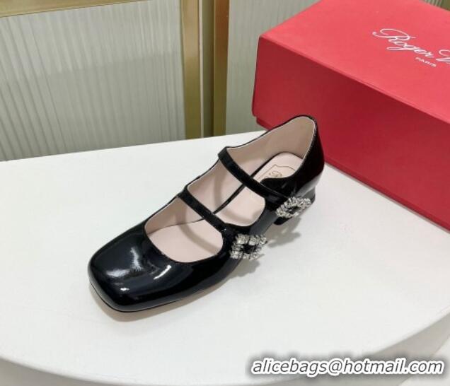 1:1 aaaaa Roger Vivier Trés Vivier Strass Buckle Mini Babies Ballerinas 3cm in Patent Leather Black 814085