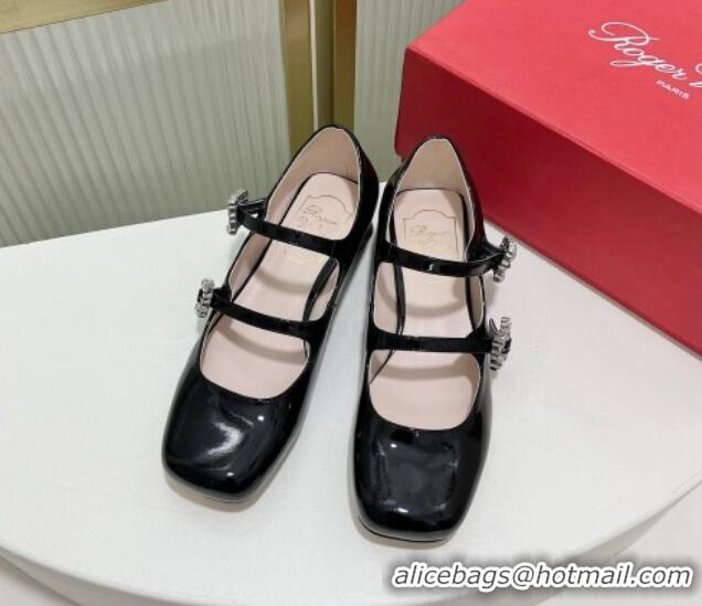 1:1 aaaaa Roger Vivier Trés Vivier Strass Buckle Mini Babies Ballerinas 3cm in Patent Leather Black 814085