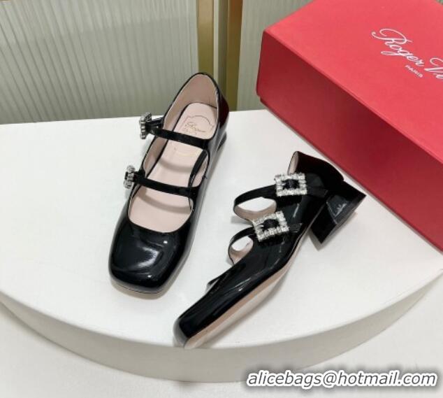 1:1 aaaaa Roger Vivier Trés Vivier Strass Buckle Mini Babies Ballerinas 3cm in Patent Leather Black 814085