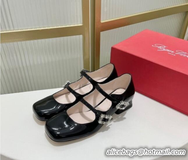 1:1 aaaaa Roger Vivier Trés Vivier Strass Buckle Mini Babies Ballerinas 3cm in Patent Leather Black 814085