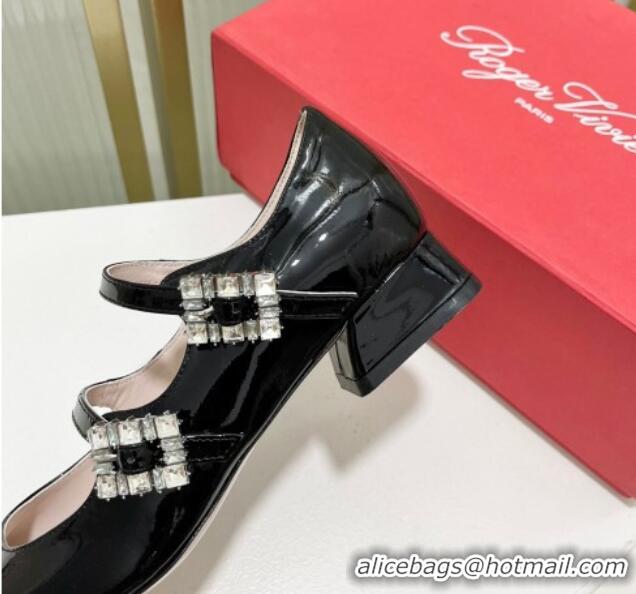 1:1 aaaaa Roger Vivier Trés Vivier Strass Buckle Mini Babies Ballerinas 3cm in Patent Leather Black 814085