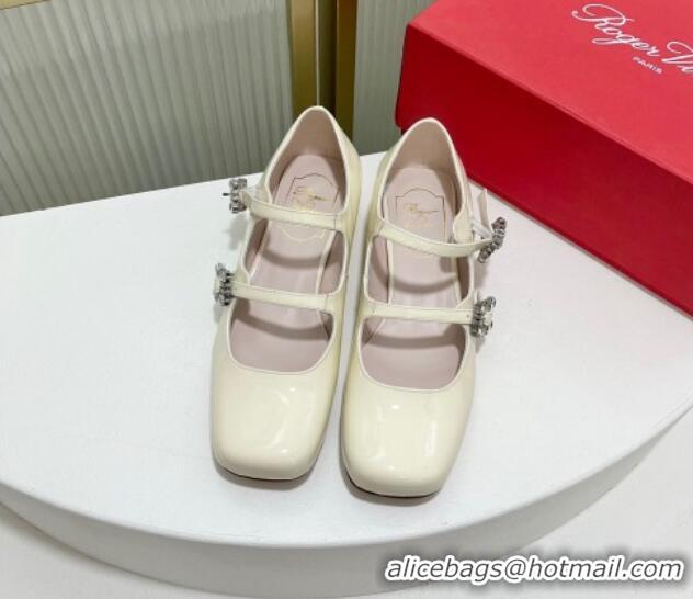 Sophisticated Roger Vivier Trés Vivier Strass Buckle Mini Babies Ballerinas 3cm in Patent Leather White 814086