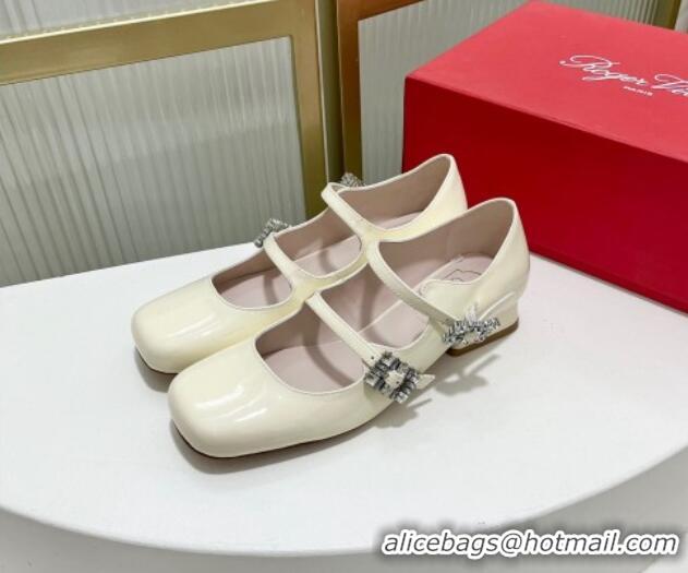 Sophisticated Roger Vivier Trés Vivier Strass Buckle Mini Babies Ballerinas 3cm in Patent Leather White 814086