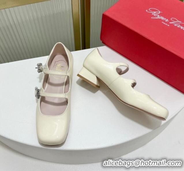 Sophisticated Roger Vivier Trés Vivier Strass Buckle Mini Babies Ballerinas 3cm in Patent Leather White 814086