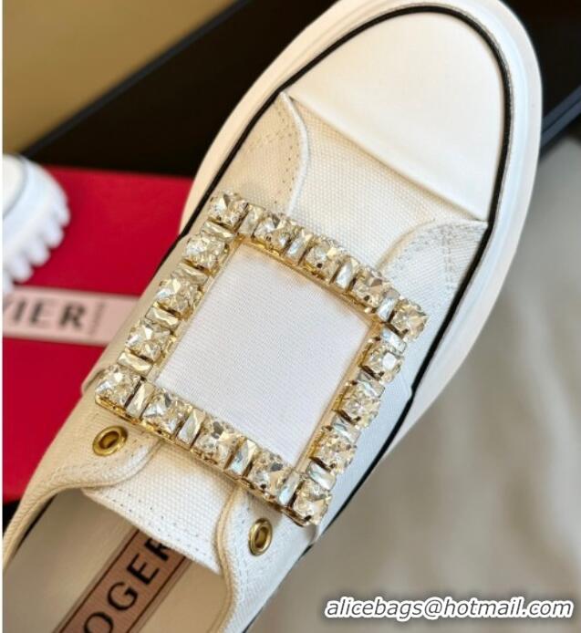 Classic Cheapest Roger Vivier Viv' Go-Thick Strass Buckle Low-Top Sneakers in Canvas White 814087