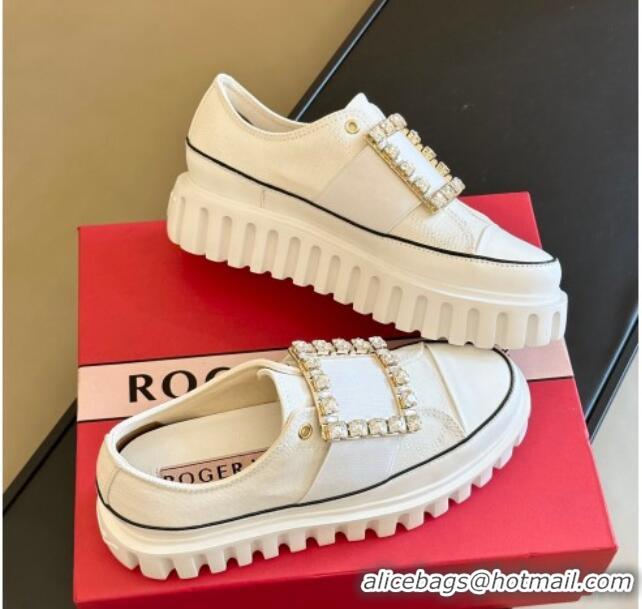 Classic Cheapest Roger Vivier Viv' Go-Thick Strass Buckle Low-Top Sneakers in Canvas White 814087