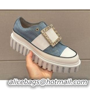 Lower Price Roger Vivier Viv' Go-Thick Strass Buckle Low-Top Sneakers in Canvas Blue 814088