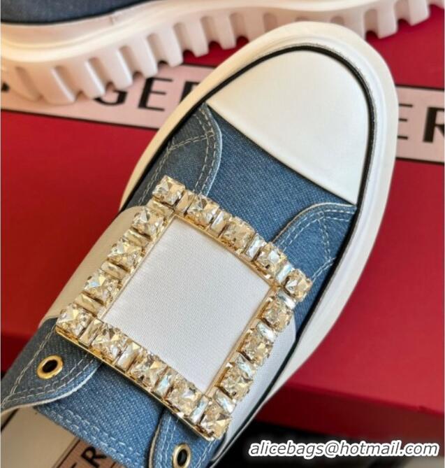 Lower Price Roger Vivier Viv' Go-Thick Strass Buckle Low-Top Sneakers in Canvas Blue 814088