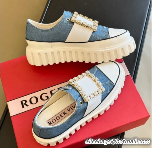 Lower Price Roger Vivier Viv' Go-Thick Strass Buckle Low-Top Sneakers in Canvas Blue 814088