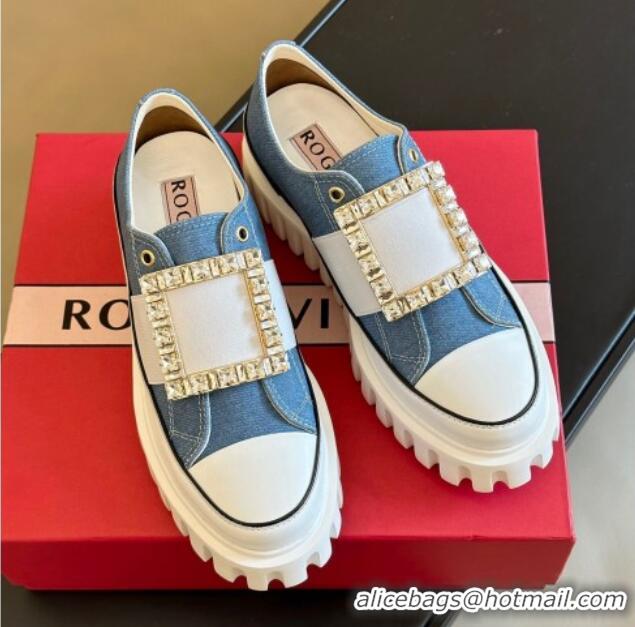 Lower Price Roger Vivier Viv' Go-Thick Strass Buckle Low-Top Sneakers in Canvas Blue 814088