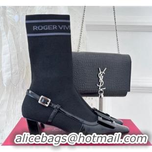 Good Quality Roger Vivier Belle Vivier Sock Lacquered Buckle Ankle Boots 4.5cm in Patent Leather Black 831041