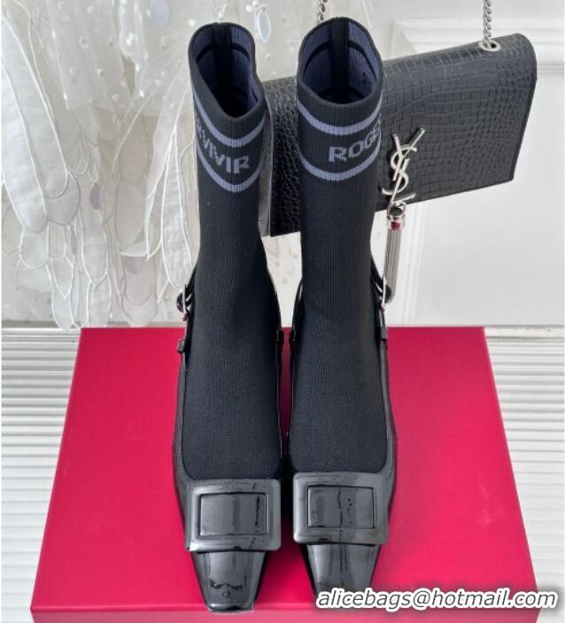 Good Quality Roger Vivier Belle Vivier Sock Lacquered Buckle Ankle Boots 4.5cm in Patent Leather Black 831041