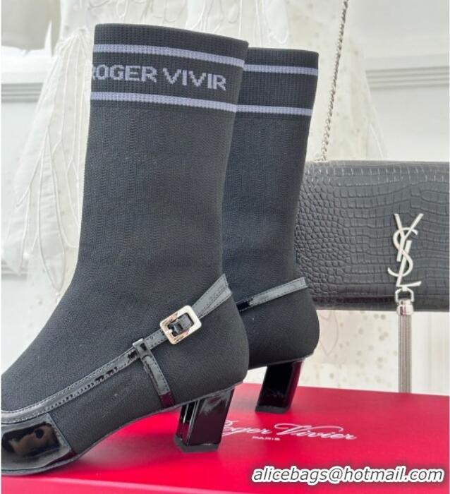 Good Quality Roger Vivier Belle Vivier Sock Lacquered Buckle Ankle Boots 4.5cm in Patent Leather Black 831041