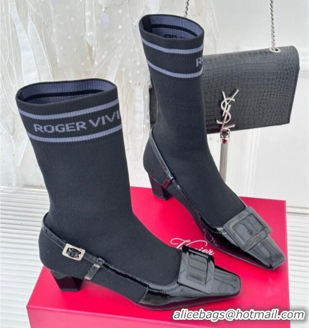 Good Quality Roger Vivier Belle Vivier Sock Lacquered Buckle Ankle Boots 4.5cm in Patent Leather Black 831041